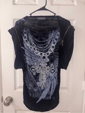 Type Z Black and Gray Embellished Cross Graphic Tunic